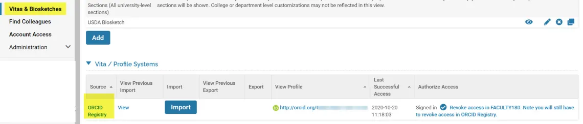 Example of completed ORCiD setup in UA Vitae